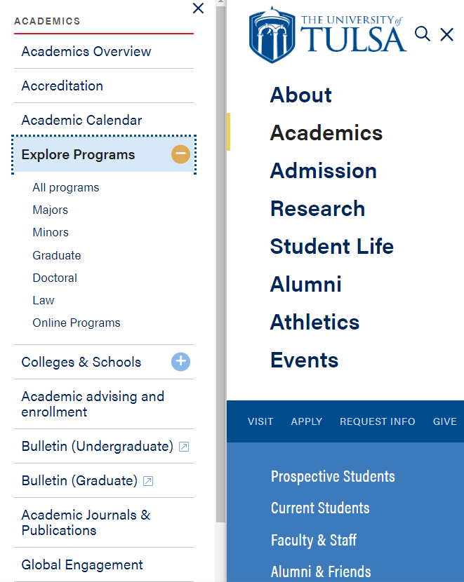 Course navigation and information on a university website