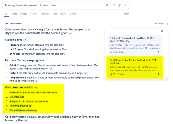AI Overview with NYT Cooking citation