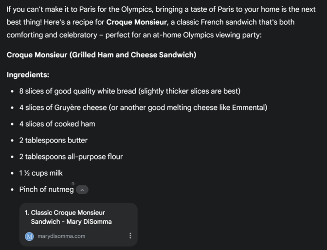 Google Gemini responding with recipes