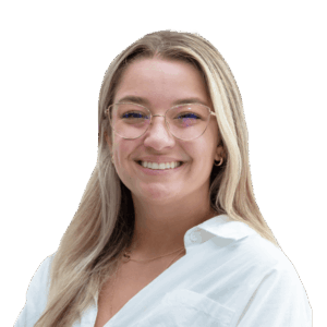 Smiling woman with glasses,long hair on a white background.